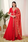 Tamaraa By Tahani_Red Hand Embroidery Sequins V Neck Vermilion Placement Anarkali With Dupatta _at_Aza_Fashions