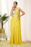 Buy_Tamaraa By Tahani_Yellow Hand Embroidery Sequins Sweetheart Neck Sylva Pre-draped Saree And Blouse_at_Aza_Fashions