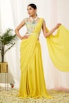 Tamaraa By Tahani_Yellow Hand Embroidery Sequins Sweetheart Neck Sylva Pre-draped Saree And Blouse_Online_at_Aza_Fashions
