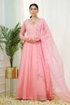 Buy_Tamaraa By Tahani_Pink Hand Embroidery Sequins V Neck Celestia Yoke Anarkali With Dupatta _at_Aza_Fashions