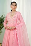 Shop_Tamaraa By Tahani_Pink Hand Embroidery Sequins V Neck Celestia Yoke Anarkali With Dupatta _Online_at_Aza_Fashions