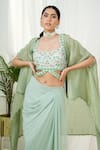 Shop_Tamaraa By Tahani_Green Hand Embroidery Sequins Sweetheart Lila Floral Blouse And Dhoti Skirt Set_Online_at_Aza_Fashions