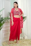 Tamaraa By Tahani_Pink Hand Embroidery Sequins Blouse Elara Placement Cape And Dhoti Skirt Set _Online_at_Aza_Fashions