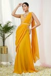 Buy_Tamaraa By Tahani_Yellow Hand Embroidery Sequins V Neck Stardust Pre-draped Saree With Blouse_at_Aza_Fashions