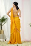 Tamaraa By Tahani_Yellow Hand Embroidery Sequins V Neck Stardust Pre-draped Saree With Blouse_Online_at_Aza_Fashions