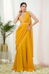 Buy_Tamaraa By Tahani_Yellow Hand Embroidery Sequins V Neck Stardust Pre-draped Saree With Blouse_Online_at_Aza_Fashions