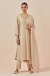 Buy_Ikshita Choudhary_Beige Chanderi Silk, Tissue Embroidery V-neck A-line Kurta Pant Set_at_Aza_Fashions