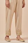 Ikshita Choudhary_Beige Chanderi Silk, Tissue Embroidery V-neck A-line Kurta Pant Set_Online_at_Aza_Fashions