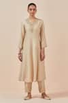 Buy_Ikshita Choudhary_Beige Chanderi Silk, Tissue Embroidery V-neck A-line Kurta Pant Set_Online_at_Aza_Fashions