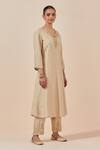 Shop_Ikshita Choudhary_Beige Chanderi Silk, Tissue Embroidery V-neck A-line Kurta Pant Set_Online_at_Aza_Fashions