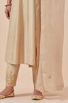 Buy_Ikshita Choudhary_Beige Chanderi Silk, Tissue Embroidery V-neck A-line Kurta Pant Set