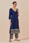 Buy_Ikshita Choudhary_Blue Chanderi Silk Embroidered Floral Pattern V Neck Kurta And Pant Set _at_Aza_Fashions