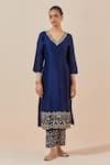 Buy_Ikshita Choudhary_Blue Chanderi Silk Embroidered Floral Pattern V Neck Kurta And Pant Set _Online_at_Aza_Fashions