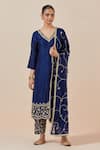 Ikshita Choudhary_Blue Chanderi Silk Embroidered Floral Pattern V Neck Kurta And Pant Set _at_Aza_Fashions