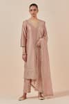 Buy Ikshita Choudhary Pink Chanderi Silk, Tissue Embroidery V-neck Floral Kurta Set at Aza Fashions Buy_Ikshita Choudhary_Pink Chanderi Silk, Tissue Embroidery V-neck Floral Kurta Set_at_Aza_Fashions