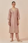 Buy Ikshita Choudhary Pink Chanderi Silk, Tissue Embroidery V-neck Floral Kurta Set Online at Aza Fashions Buy_Ikshita Choudhary_Pink Chanderi Silk, Tissue Embroidery V-neck Floral Kurta Set_Online_at_Aza_Fashions