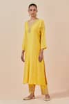 Shop Ikshita Choudhary Yellow Chanderi Silk, Tissue, Organza Embroidery V-neck Kurta Set Online at Aza Fashions Shop_Ikshita Choudhary_Yellow Chanderi Silk, Tissue, Organza Embroidery V-neck Kurta Set_Online_at_Aza_Fashions