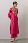 Buy Ikshita Choudhary Pink Chanderi Silk Embroidery Split V-neck Bandhani Printed Kurta And Pant Set at Aza Fashions Buy_Ikshita Choudhary_Pink Chanderi Silk Embroidery Split V-neck Bandhani Printed Kurta And Pant Set_at_Aza_Fashions