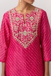 Shop Ikshita Choudhary Pink Chanderi Silk Embroidery Split V-neck Bandhani Printed Kurta And Pant Set Online at Aza Fashions Shop_Ikshita Choudhary_Pink Chanderi Silk Embroidery Split V-neck Bandhani Printed Kurta And Pant Set_Online_at_Aza_Fashions