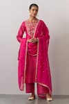 Buy_Ikshita Choudhary_Pink Chanderi Silk, Tissue Embroidery Round Neck Bandhani Print Kurta Pant Set _at_Aza_Fashions