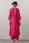 Shop_Ikshita Choudhary_Pink Chanderi Silk, Tissue Embroidery Round Neck Bandhani Print Kurta Pant Set _at_Aza_Fashions