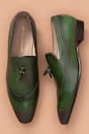 Shop_Amrit Dawani_Green Leather Solid Slip On Brogue Loafers_at_Aza_Fashions