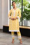 Shop_Mulmul_Yellow 100% Pure Mulmul Embroidery Lisburn Flower Butti Kurta Set _at_Aza_Fashions