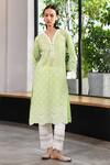 Buy_Mulmul_Green 100% Pure Mulmul Embroidery Eyelet V Perth Kurta With Pant _at_Aza_Fashions