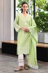 Shop_Mulmul_Green 100% Pure Mulmul Embroidery Eyelet V Perth Kurta With Pant _at_Aza_Fashions