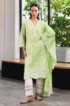 Mulmul_Green 100% Pure Mulmul Embroidery Eyelet V Perth Kurta With Pant _Online_at_Aza_Fashions