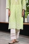 Shop_Mulmul_Green 100% Pure Mulmul Embroidery Eyelet V Perth Kurta With Pant _Online_at_Aza_Fashions