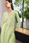 Mulmul_Green 100% Pure Mulmul Embroidery Eyelet V Perth Kurta With Pant _at_Aza_Fashions