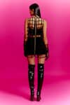 Shop_MINI SONDHI_Black Nylon Tape Grid Blurry Eyes Trippy Vibes Dress With Inner Skirt Set _at_Aza_Fashions