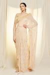 Buy_Vivek Patel_Beige Georgette Hand Embroidered Pearls One Shoulder Saree Gown With Belt_Online_at_Aza_Fashions