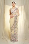 Vivek Patel_Beige Tulle Hand Embroidered Pearls V Neck Saree And Blouse Set_Online_at_Aza_Fashions