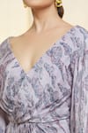 Buy_Vivek Patel_Purple Eco Bamberg Satin Printed Cloud Wide V-neck Dress _Online_at_Aza_Fashions