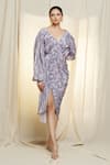 Shop_Vivek Patel_Purple Eco Bamberg Satin Printed Cloud Wide V-neck Dress _Online_at_Aza_Fashions