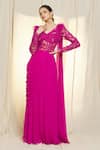 Shop_Vivek Patel_Fuchsia Georgette Embroidered 3d Resham Dori Wide Draped Saree Gown For Women_Online_at_Aza_Fashions