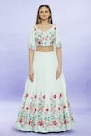 Samyukta Singhania_Sky Blue Blouse Art Silk Embroidered Flower Vine Leaf Neck Lehenga Set _Online_at_Aza_Fashions