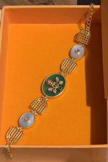 Shop_ZARIIN_Gold Plated Crystals Floral Onyx Embellished Bracelet _at_Aza_Fashions