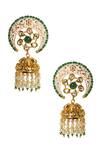 Shop_Tizora_Gold Plated Fabric Flowers, Stones, Pearls Meenakari Engraved Jhumkas _at_Aza_Fashions
