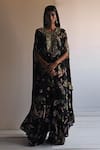 Buy_Arpita Mehta_Black Natural Crepe Printed And Hand Embroidered Botanical Cape & Pant Set _at_Aza_Fashions