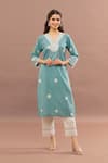 Shop_Kalakaari By Sagarika_Blue Cotton Bandhani V Neck Lace Lined Kurta With Pant _Online_at_Aza_Fashions