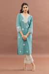 Kalakaari By Sagarika_Blue Cotton Bandhani V Neck Lace Lined Kurta With Pant _at_Aza_Fashions