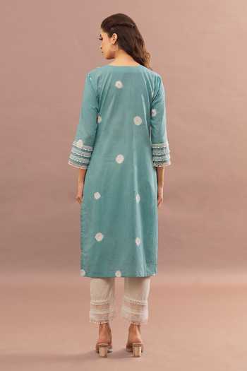 Kalakaari By Sagarika_Blue Cotton, Kota Doria Lace, Embroidery Cut Work Tasselled Kurta Pant Set _Online_at_Aza_Fashions