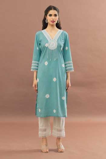 Buy_Kalakaari By Sagarika_Blue Cotton, Kota Doria Lace, Embroidery Cut Work Tasselled Kurta Pant Set _Online_at_Aza_Fashions