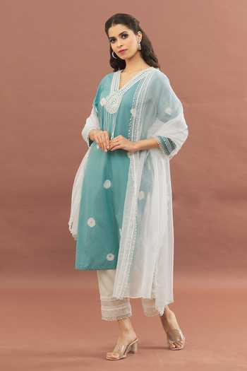 Shop_Kalakaari By Sagarika_Blue Cotton, Kota Doria Lace, Embroidery Cut Work Tasselled Kurta Pant Set _Online_at_Aza_Fashions