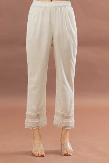 Kalakaari By Sagarika_Blue Cotton, Kota Doria Lace, Embroidery Cut Work Tasselled Kurta Pant Set _at_Aza_Fashions