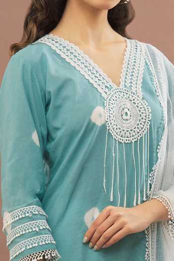Shop_Kalakaari By Sagarika_Blue Cotton, Kota Doria Lace, Embroidery Cut Work Tasselled Kurta Pant Set _at_Aza_Fashions