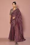 Buy_Nazaakat By Samara Singh_Wine Georgette Weave, Lining Butter Crepe Stripe Lapel Print Saree With Blouse_at_Aza_Fashions